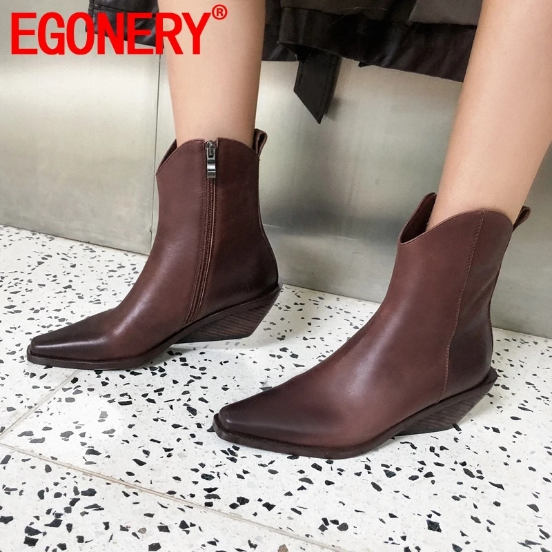

EGONERY woman shoes 2019 autumn new fashion retro handmade genuine leather ankle boots outside high heels zip square toe shoes