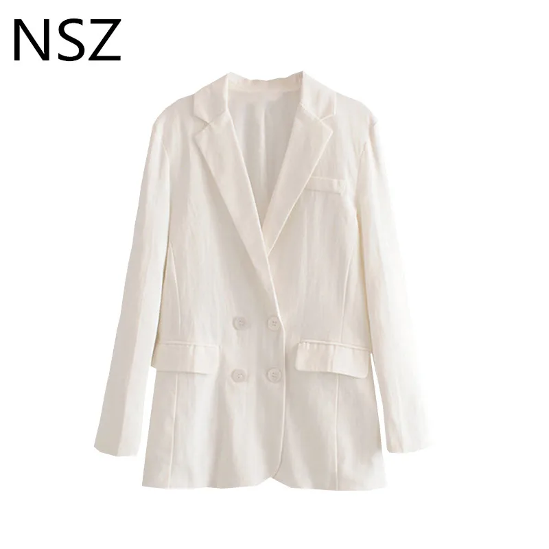

NSZ Women White Blazer Double Breasted Work Office Blazer Female Jacket Coat Long Sleeve Pocket Outerwear