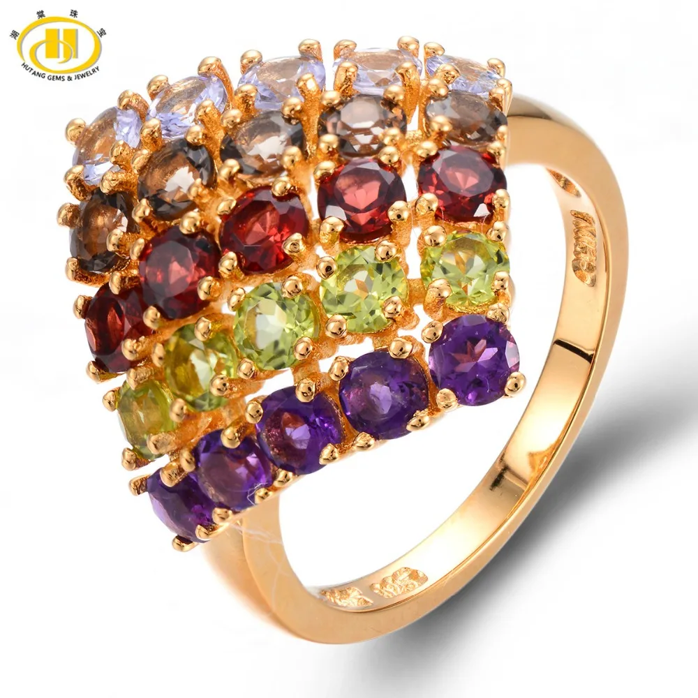 

HUTANG Tanzanite Women's Ring Solid 925 Sterling Silver Rings Natural Gemstone Amethyst Fine Elegant Yellow Gold Jewelry New