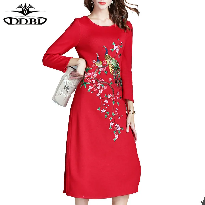 plus size women clothing large size dresses 40s 50s dresses knitted side open dress birds embroidery red and black color 170824