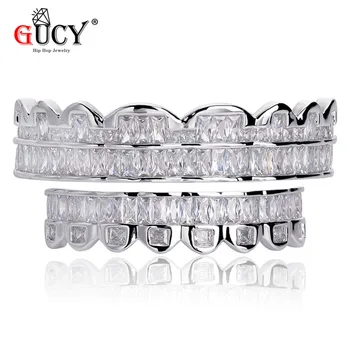 

GUCY Hip Hop Teeth Grillz Top&Bottom Micro Pave CZ Grills Dental Vampire Teeth Grill Caps Mouth Jewelry Silver Color Halloween