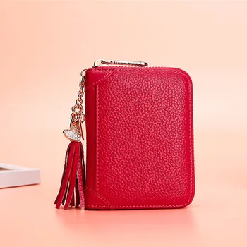

Multifunctional and Multi-Card Certificate Package for Head-layer Leather Card Bag Fashion Ladies Cowhide Large-capacity tassele