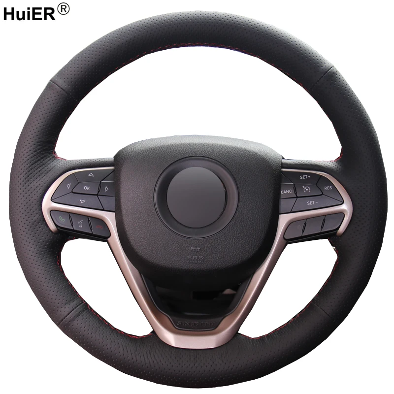 Huier Hand Sew Car Steering Wheel Cover Breathable Black Leather For