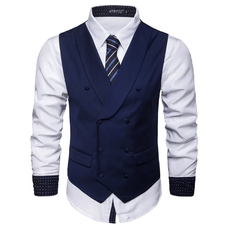 

S-6XL New Men's Cotton Blend Business Slim Suit Vest Plus Size Casual Solid Color Double-breasted Vest for Male Grey Black Blue