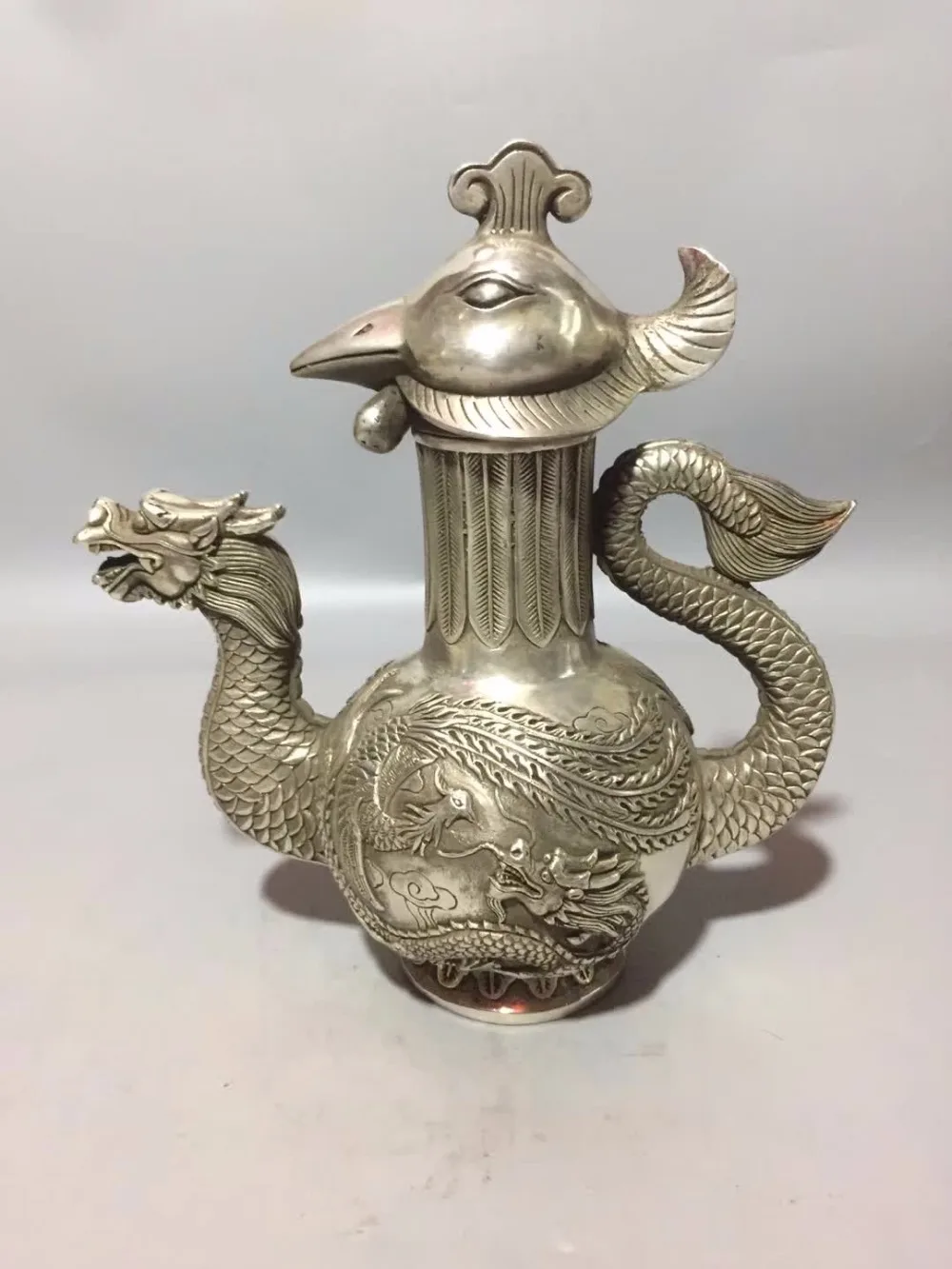 

Home/desk decoration Teapot crafts,Art Collection Tibet silver old handmade carving Dragon phoenix pot/Chinese antique tea pot