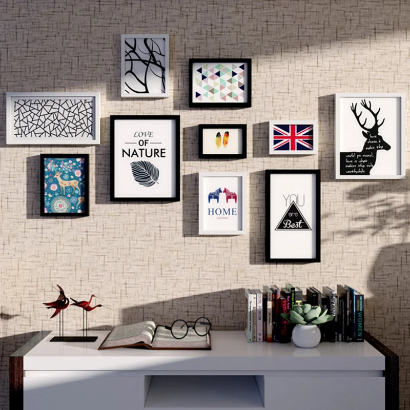 

Modern Wood Photo Frame with Pictures 10 Piece Combination Home Wall Decoration Hanging Painting Picture Frame Art Craft Artware