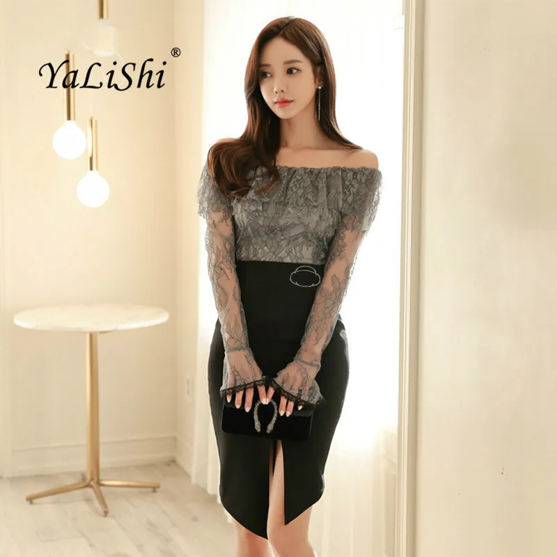 

2 Piece Set Spring Women 2019 Plus Size Gray Long Sleeve Slash Neck Off the Shoulder Lace Casual Top and Black Asymmetric Skirt