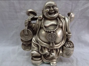 

song voge gem S2592 Chinese Silver YuanBao Coin RuYi Fu Happy Laughing Maitreya Buddha Brass Statue