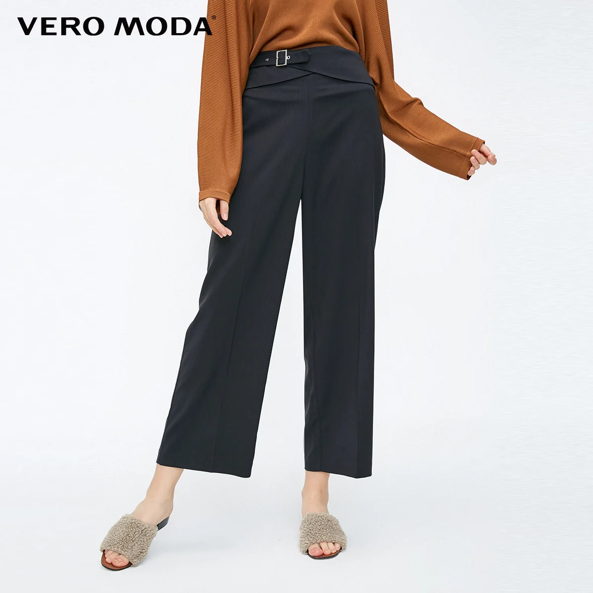 Vero Moda женские OL Стиль средняя талия на шнуровке Досуг широкие брюки | 318450509 - Цвет: Black