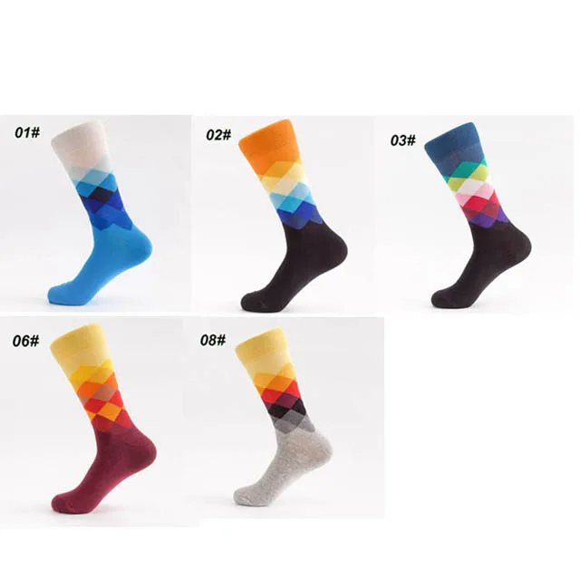 Мужские забавные цветные носки из чесаного хлопка, повседневные дизайнерские носки с принтом Happy Red Argyle, нарядные свадебные носки для мужчин, подарки, 5 пар/лот - Цвет: Бежевый