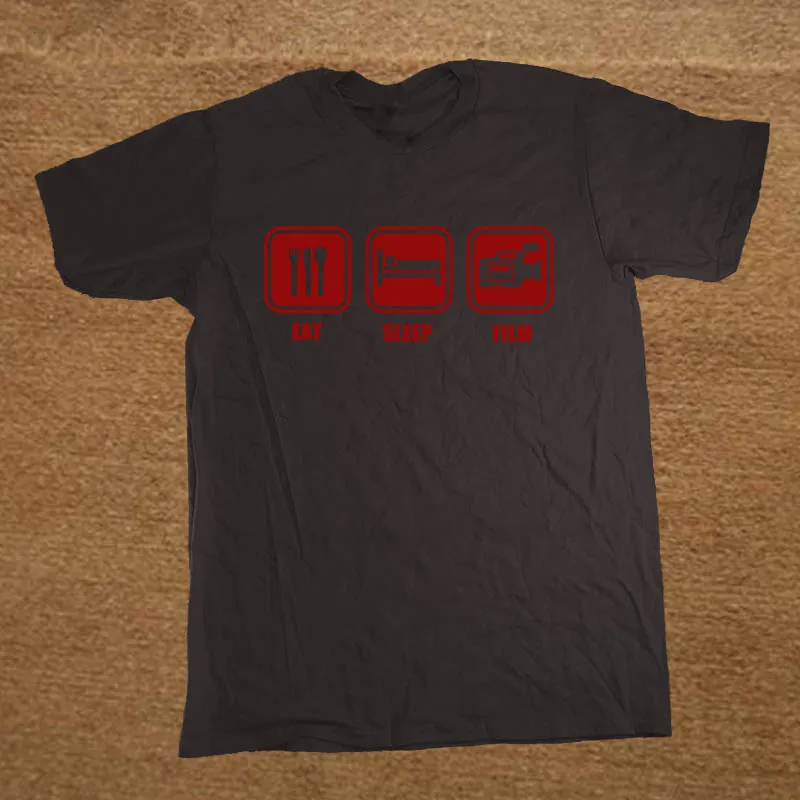 Брендовая одежда, забавная футболка для мужчин, с принтом "EAT SLEEP FILM", "tv camera", "Man Director", хлопковая футболка с коротким рукавом, топ, Camiseta - Цвет: BLACK