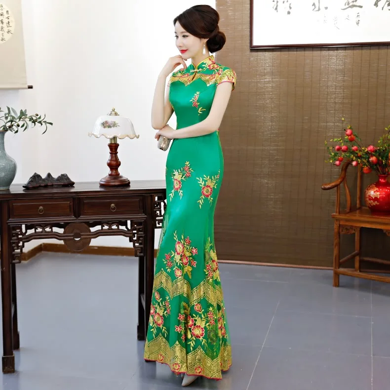 Зеленые Традиционные вечерние Cheongsam в китайском стиле женские элегантные тонкие Qipao вечернее платье, пикантное Ретро платье Vestidos цветок S-3XL