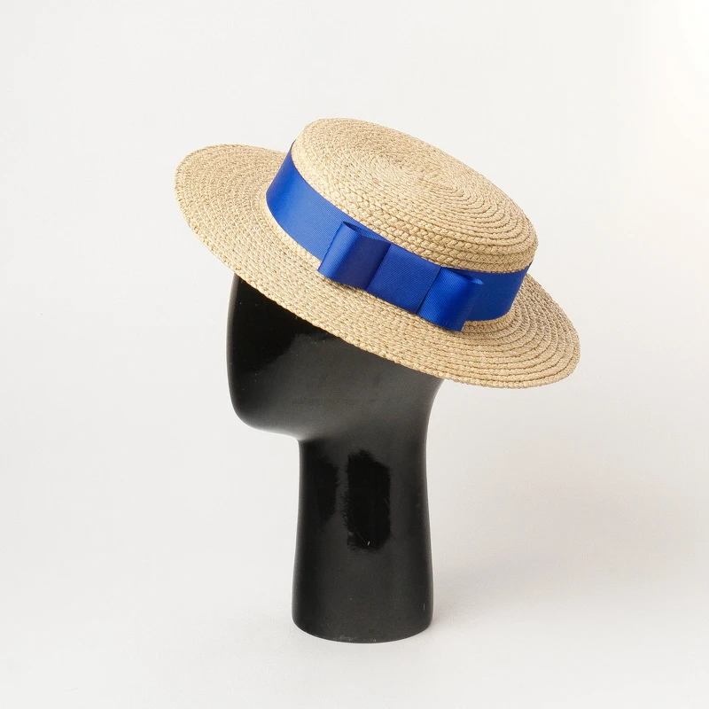 

01904-hh7358 handmade raffia blue ribbon leisure school design fedoras hat men women beach holiday cap