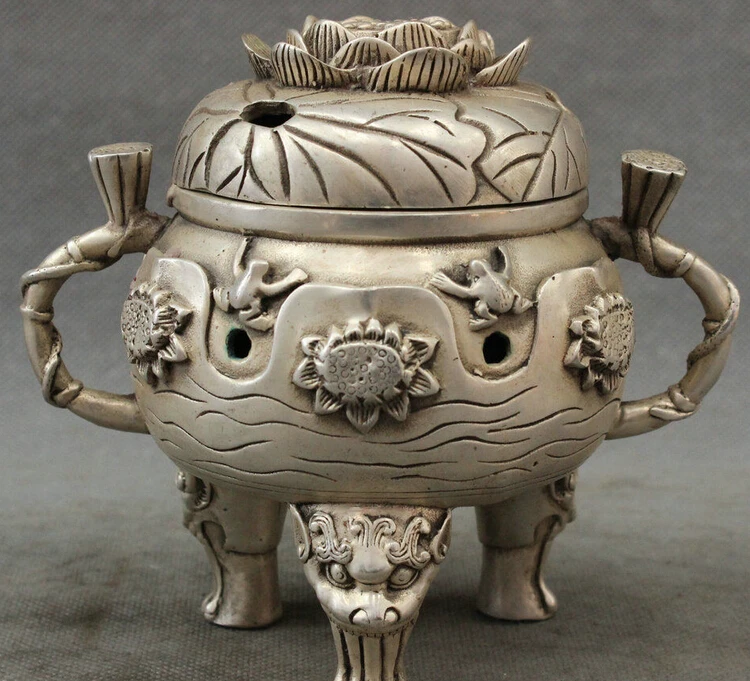 

Marked Chinese Silver Temple Buddhism Lotus Frog Statue Incense Burner Censer