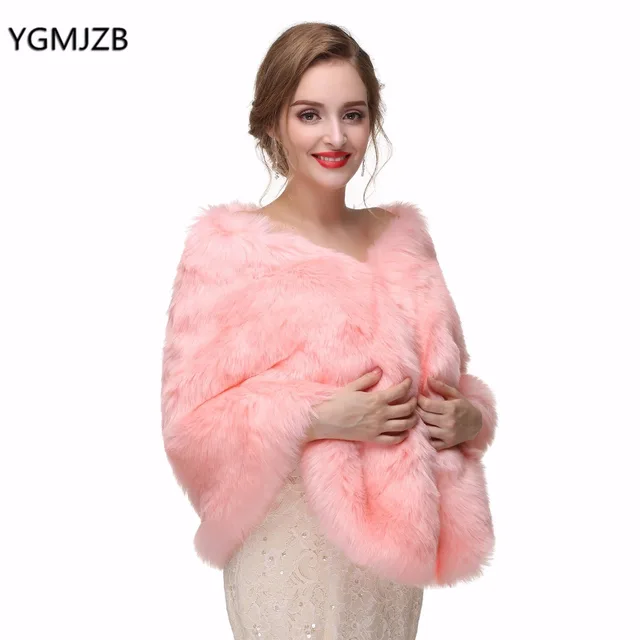 Elegant Pink Winter Faux Fur Wedding Shawls Jacket Boleros Women Elegant Pink Winter Faux Fur Wedding Shawls Jacket Boleros Women Bridal Cape Warm Wraps Accessories