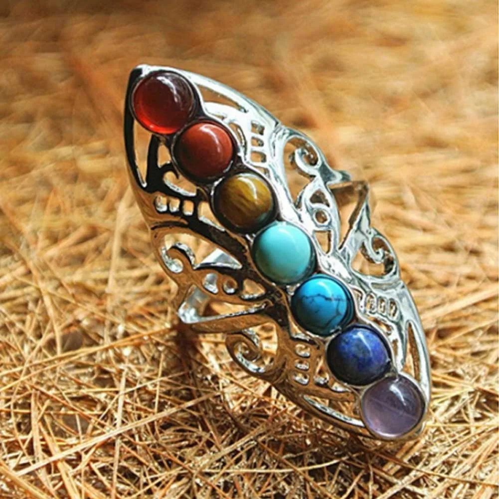 Silver Plated 7 Chakra Healing Hollow Thumb Reiki Natural Stones Ring