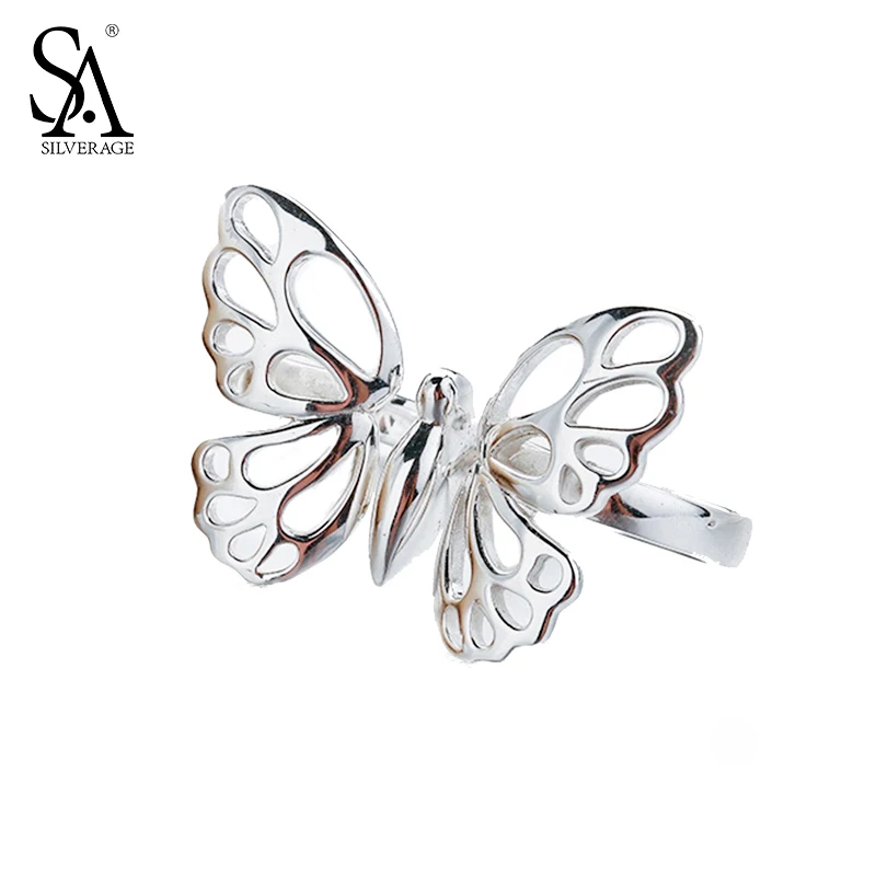 

SA SILVERAGE 925 Sterling Silver Jewelry Rings for women Animal Butterfly Ring Double Finger ring Party gift 2017 New