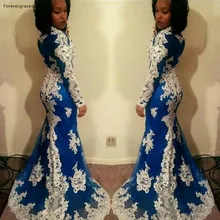 Prom Dress Mermaid Королевского синего цвета с белым кружева с длинным для торжественных вечерних приёмов, праздничная одежда Выпускной Вечеринка плюс Размеры