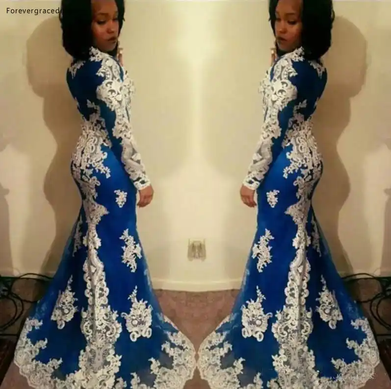 blue and white lace prom dress