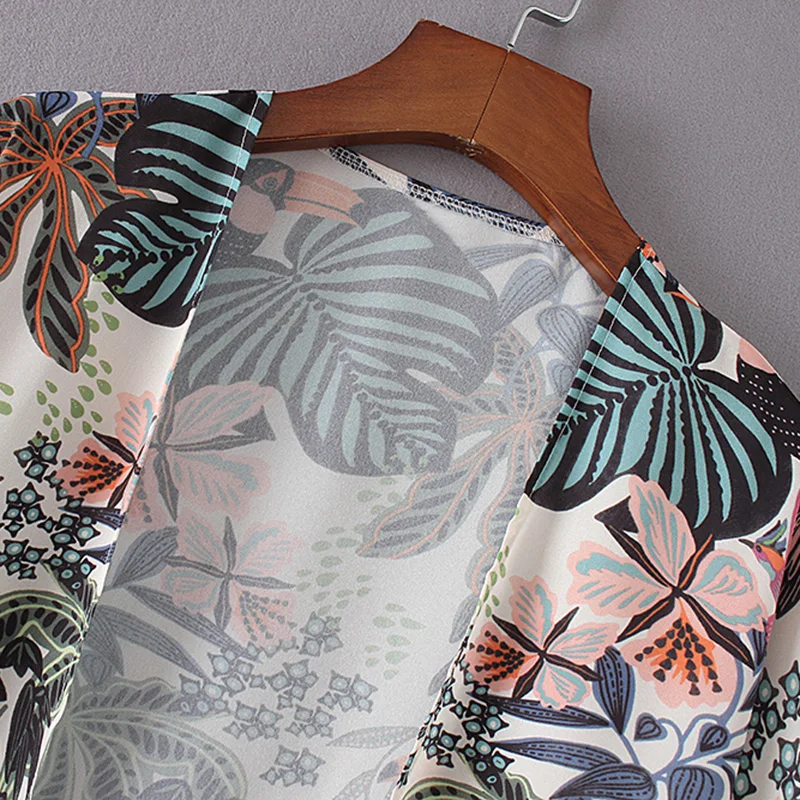 New Women Chiffon Beach Kimono Cardigan Bird Leaves Print Open Front Holiday Loose Thin Blouse Beachwear Cover Up 2019