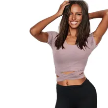 Спортивная футболка для бега женская футболка с поперечным подолом с коротким рукавом быстросохнущая фитнес-Футболка короткий соблазнительный Tight Yoga Shirt