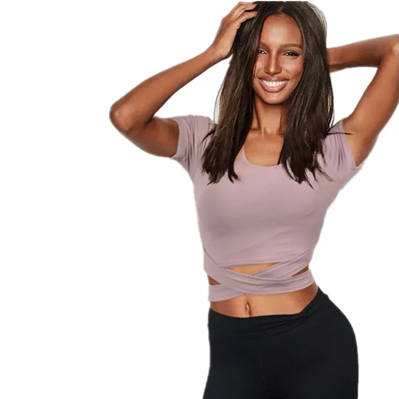 

Sports Top Running T-shirt Women Cross Hem Short Sleeve Quick Dry Fitness T-Shirt Crop Tops Sexy Tight Yoga Shirt