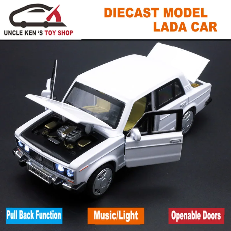 Online 1 32 modelo a escala fundido, réplica de coches Lada rusos, juguete de Metal como regalo para niños con puertas abiertas música función de retroceso luz