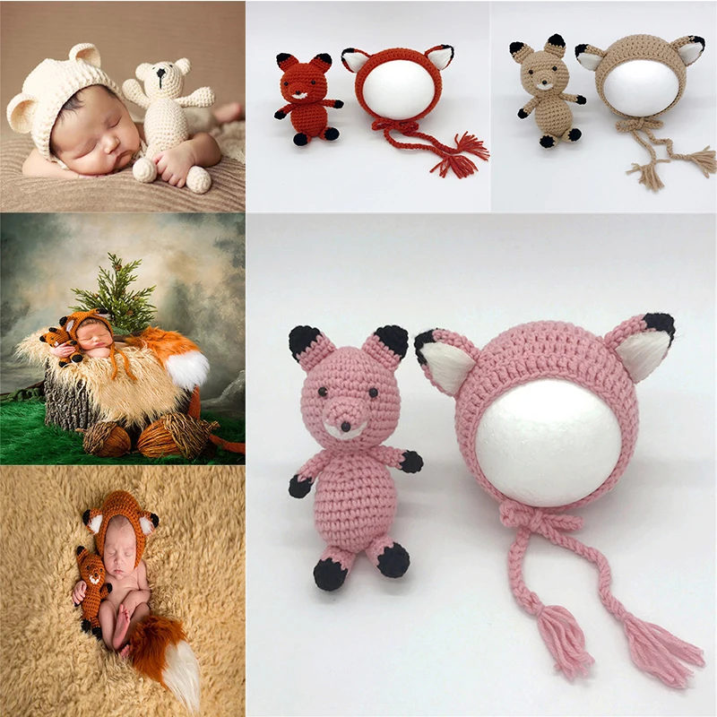 

Newborn Baby Girl Boy Photography Prop Photo Crochet Knit Costume Bunny Rabbit Hat with Dolls Set Handmade Newborn hat toy Knit