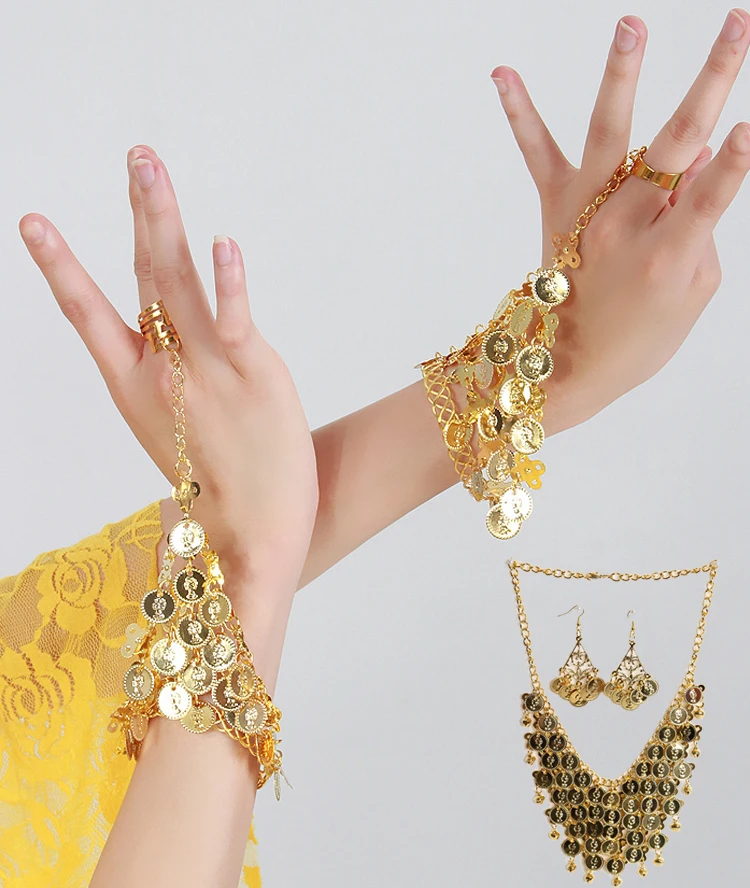 5 шт. набор Танец живота Болливуд ожерелье серьги браслет позолоченный комплект ювелирных изделий индийский танец костюм аксессуары
