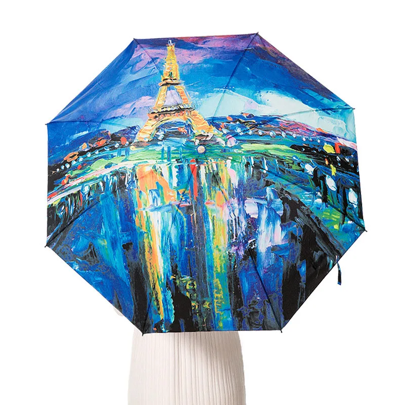 

Oil Painting Folding Umbrella For Women Protection UV Sunshade Parasol Fashion Tower Windproof Dual-use Sunny And Rain Umbrellas
