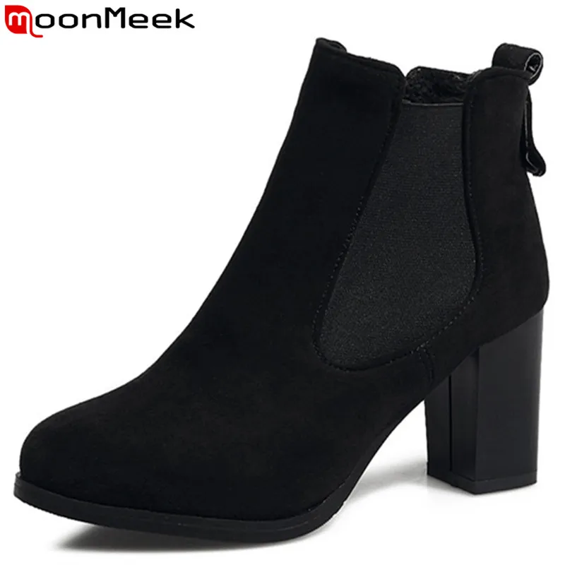 

MoonMeek black red fashion ankle boots for women round toe thick high heels boots flock ladies autumn winter boots big size