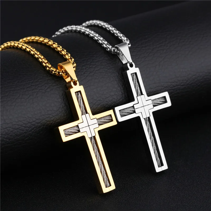 New Mens Cross Necklaces&Pendants Stainless Steel Gold Sliver Color