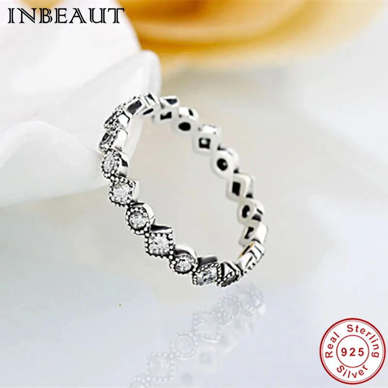 INBEAUT Antique Real 925 Sterling Silver Sparkling Cubic Zirconia Stackable Ring Women Lovely Cute Princess Wedding Rings Girls
