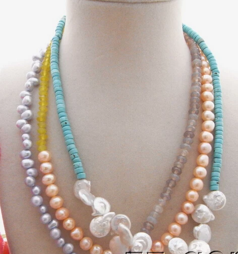 

huij 0035688 3Strands Pearl&Turquoise&Gray Agate Necklace