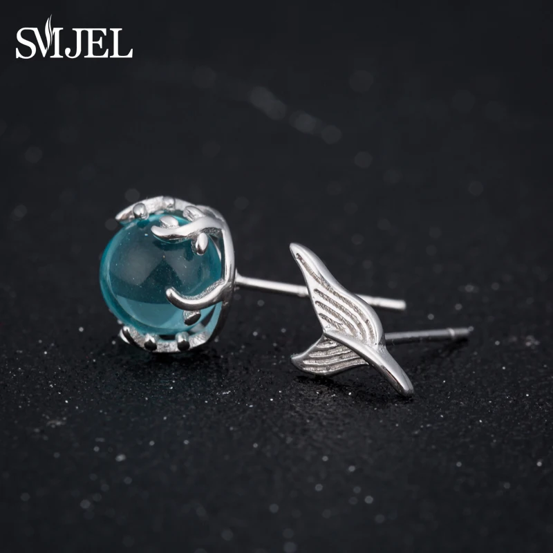 Женские серьги гвоздики SMJEL винтажные асимметричные с синими бусинами и хвостом