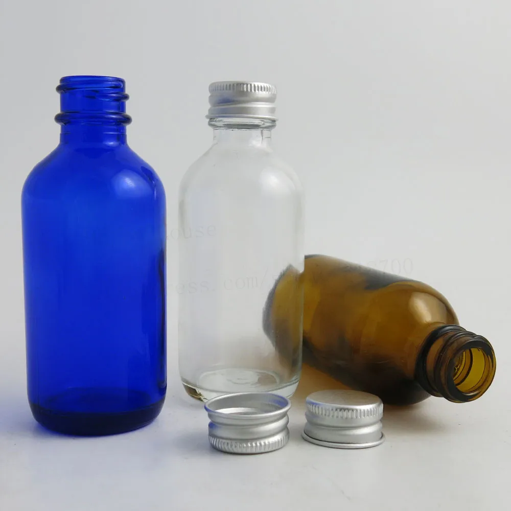 

24pcs/lot 60ml Liquid Essential Oil Cobalt Blue Clear Amber Glass Bottle With Aluminum Lids 2oz Boston Round Bottles Containers