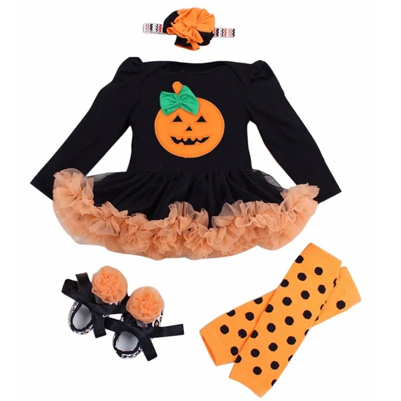 

4PCS Halloween Baby Girls Dress Pumpkin Rompers Skeleton Costume Party Newborn Infant Jumpsuits Babies Clothing Bebe Outfits