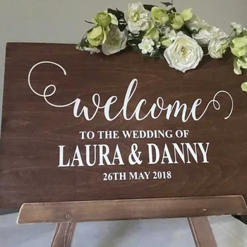 

Personalised Wedding Welcome Sticker Sign Bride Groom Name Wedding Date Customised Wooden Wedding Display Sign Rustic Party Sign