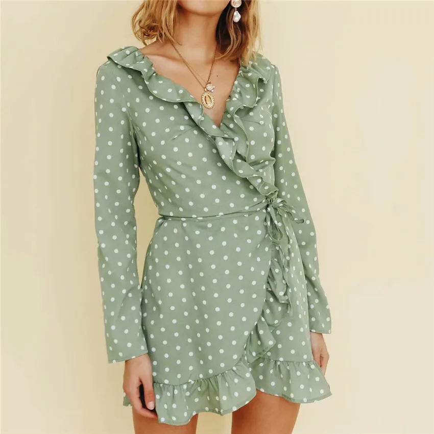 

BLSQR Elegant ruffle dot print women dress Sexy deep V-neck beach summer short dresses Holiday female mini dresses