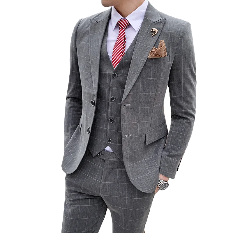 

(Jacket + vest + pants) luxury classic men's plaid casual wedding dress business Slim tuxedo social prom men formal casual suit