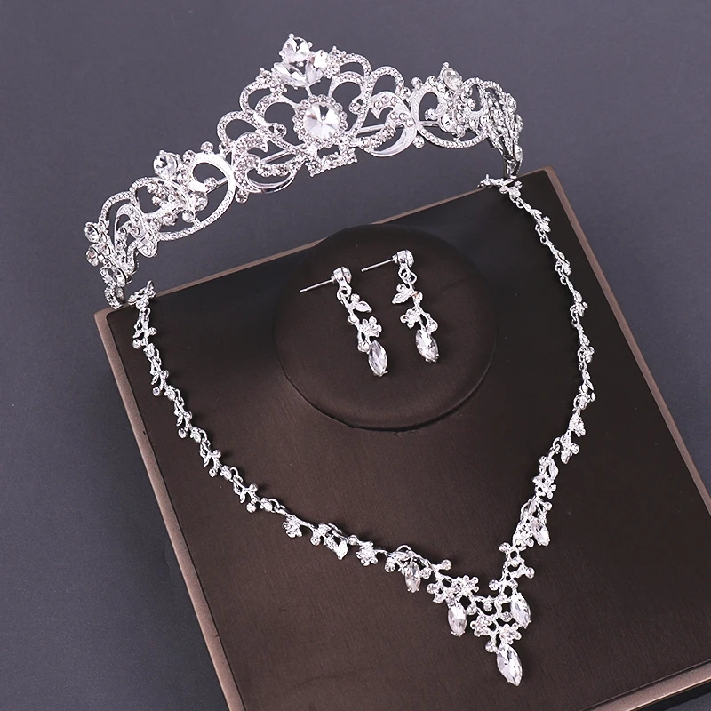 Bridal Jewelry Sets Wedding Crown Necklace With Earrings Bride Hair Ornaments Crystal Crown Necklace Women Accessories