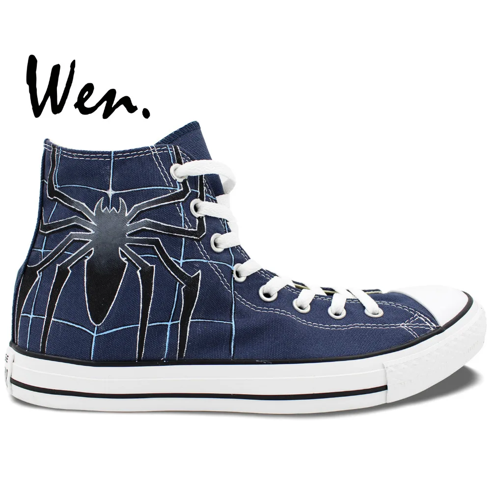 Вэнь Синий Ручная роспись обувь Дизайн пользовательские Человек-паук высокие Для мужчин Для женщин Холст кроссовки для подарков