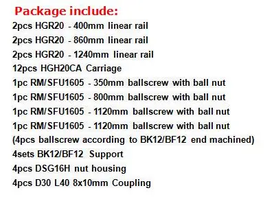 6 компл. линейный рельс HGR20 L400/860/1240 мм+ SFU1605-350/800/1120/1120 мм шариковый винт+ 4 BK12/BF12+ 4 DSG16H гайка+ 4 переходник для станков с ЧПУ - Цвет: HGR20-4008601240