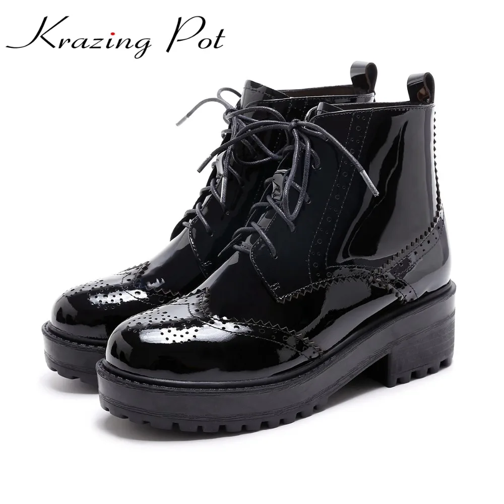 

Krazing Pot genuine leather wedges med heels platform women round toe cross-tied hollow beauty carved quality fashion boots L56