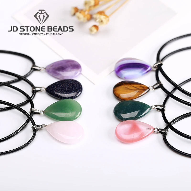 

Wholesale 18Colors Natural stone Pendant Drop Shape Necklace Pendant & Leather Chains For Men Women Fashion Jewelry