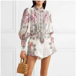 Европейский стиль Fadhion печати рубашка с поясом расклешеные шорты 2 1 предмет Лето 2019 винтажный буф рукава Элегантный брючный костюм A246