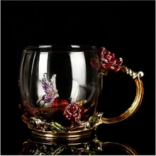 Taza de cristal esmaltado de Rosa clásica juego de té de flores de cristal taza de café copa de vino regalo