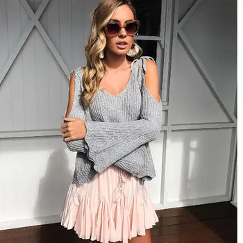 

Women Flare Sleeve Sweaters Casual Long Sleeve Knitted Sweater Off Shoulder Solid Color Jumper Pullover Tops Knitwear