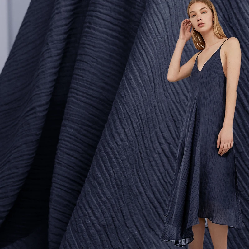 Перламутровый шелк темно-синий гофрированный креп пряжа Лен материалы для одежды летнее платье DIY Одежда ткани