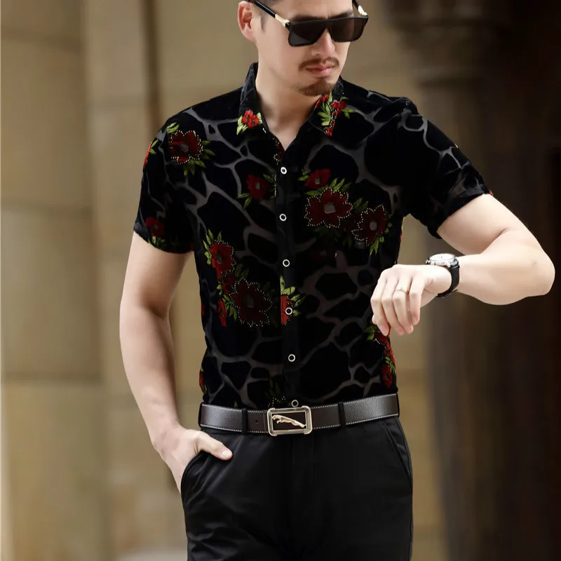 Шелковая рубашка с красным цветком Camisa Social Masculina прозрачная бархатная Прозрачная